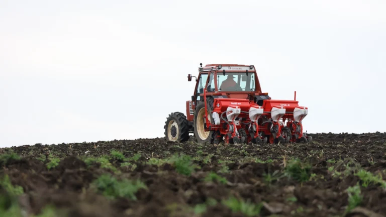 Czerwony traktor orzący rozległe pole, przygotowujący glebę do zasadzenia roślin w scenerii rolniczej, symbolizuje rozwój i produktywność