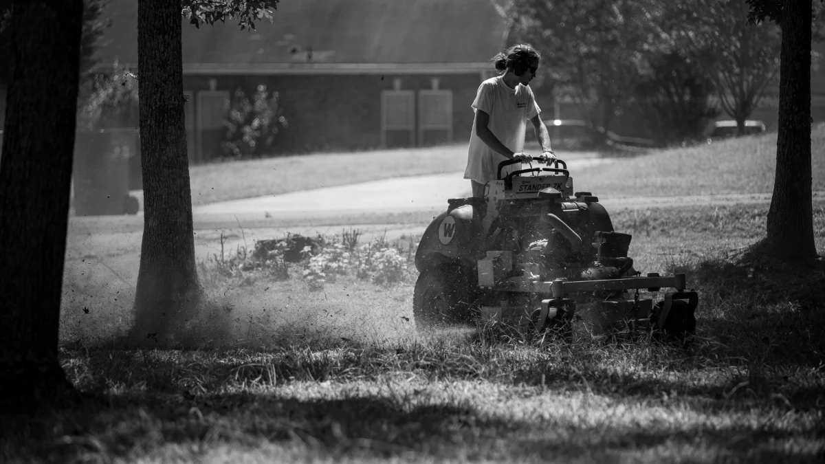 Osoba prowadząca kosiarkę w zacienionym, trawiastym ogrodzie