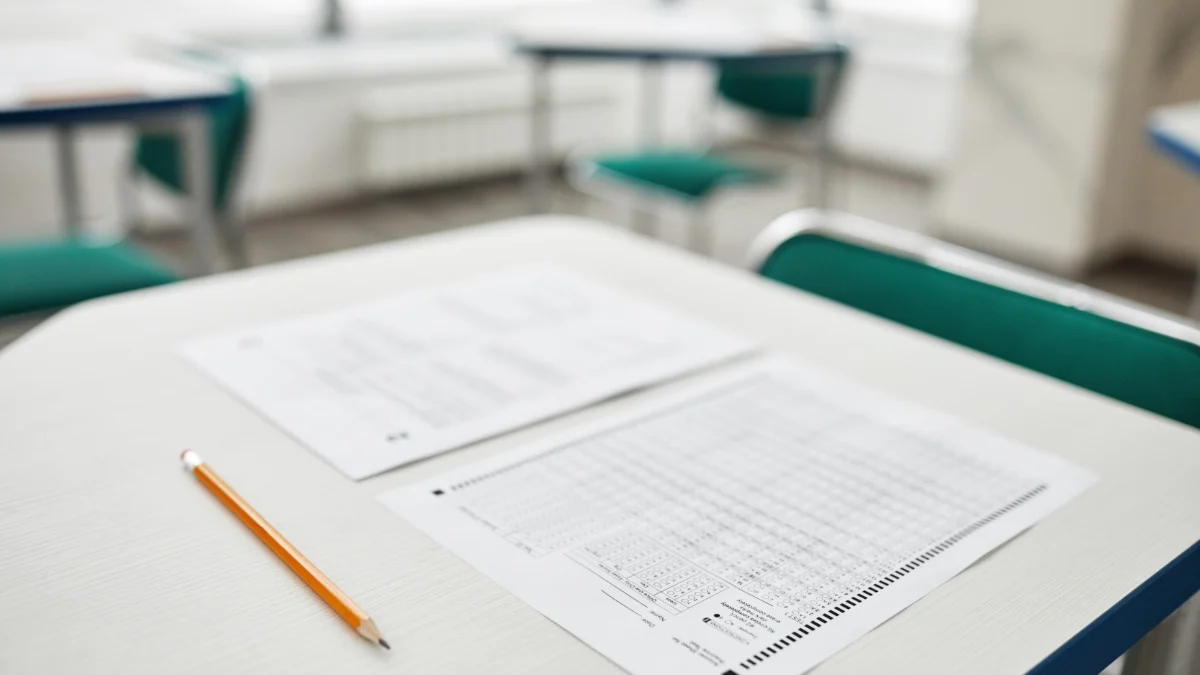 Klasa studentów przygotowuje się do egzaminu, zbiór arkuszy egzaminacyjnych i ołówek leżą na biurku